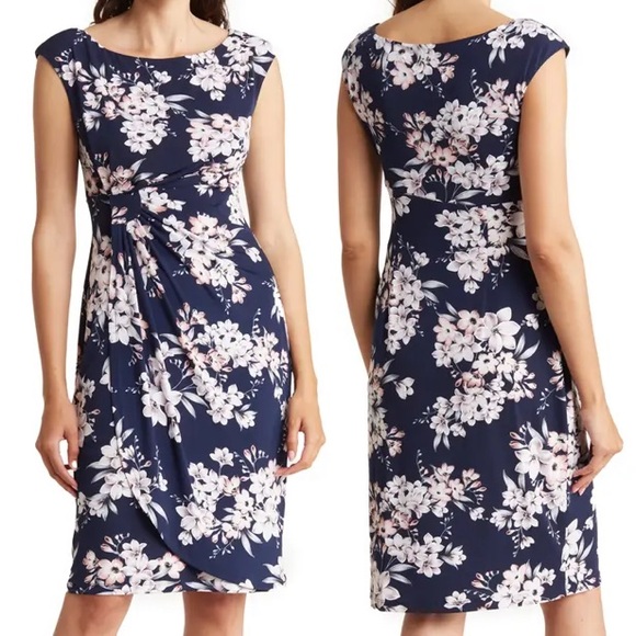 Connected Apparel Cap Sleeve Mock Wrap Dress gray leaf - Picture 16 of 16